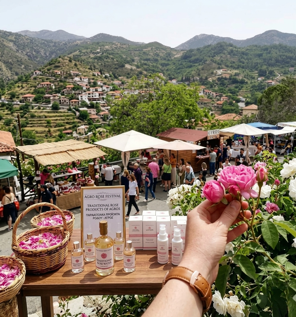 Hand-picked Damask roses displayed at the Agros Rose Festival, set against the terraced Troodos Mountains in Cyprus.