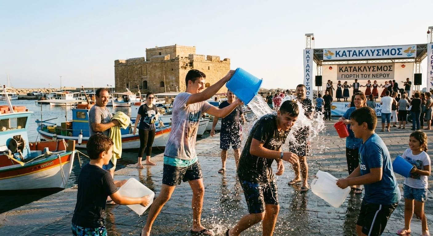 Cypriots celebrating the ancient Kataklysmos water festival along Paphos Harbour, backdropped by the medieval castle.