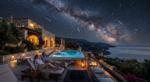 View of the Perseid meteor shower in the night sky, watched from the private terrace and infinity pool of a luxury villa.