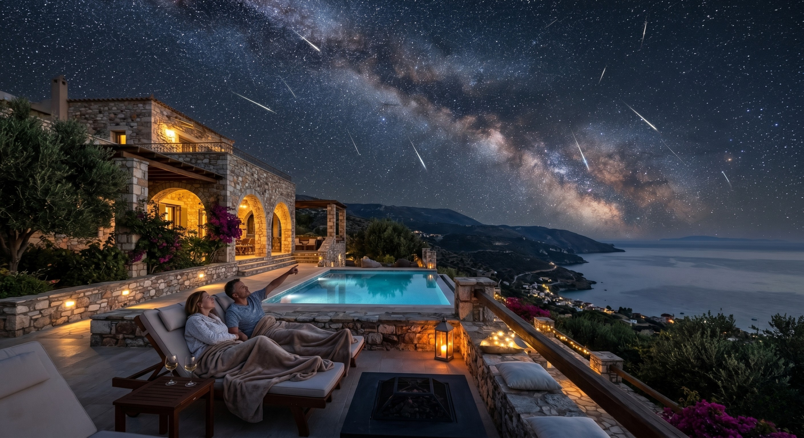 View of the Perseid meteor shower in the night sky, watched from the private terrace and infinity pool of a luxury villa.