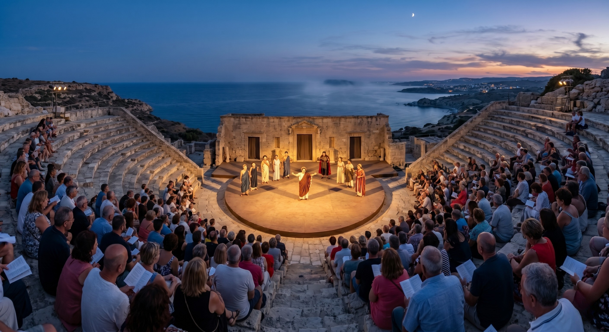 Evening drama at Curium Theatre overlooking the sea, a cultural highlight for summer holidays Cyprus 2026.