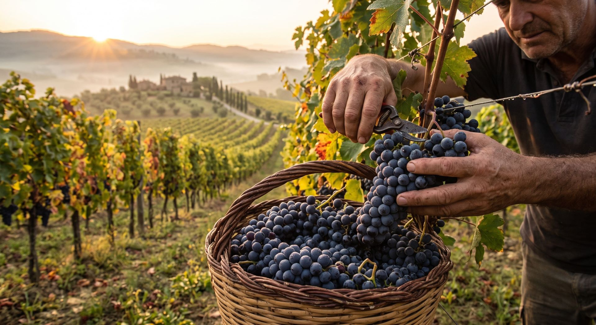 Hands hand-picking Sangiovese grapes at dawn during the Chianti harvest