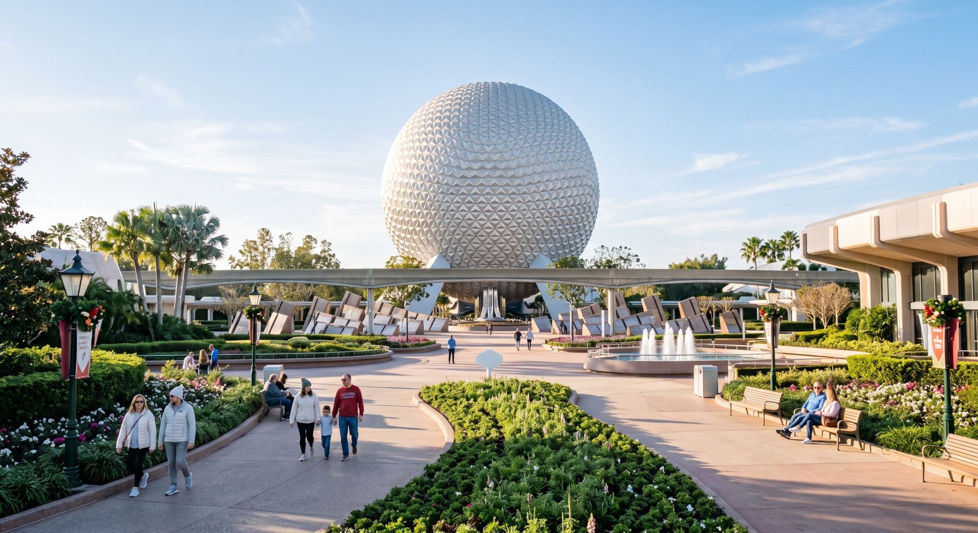 Visitors enjoying EPCOT in Orlando after Christmas, with Spaceship Earth and lighter crowds on a sunny January day.