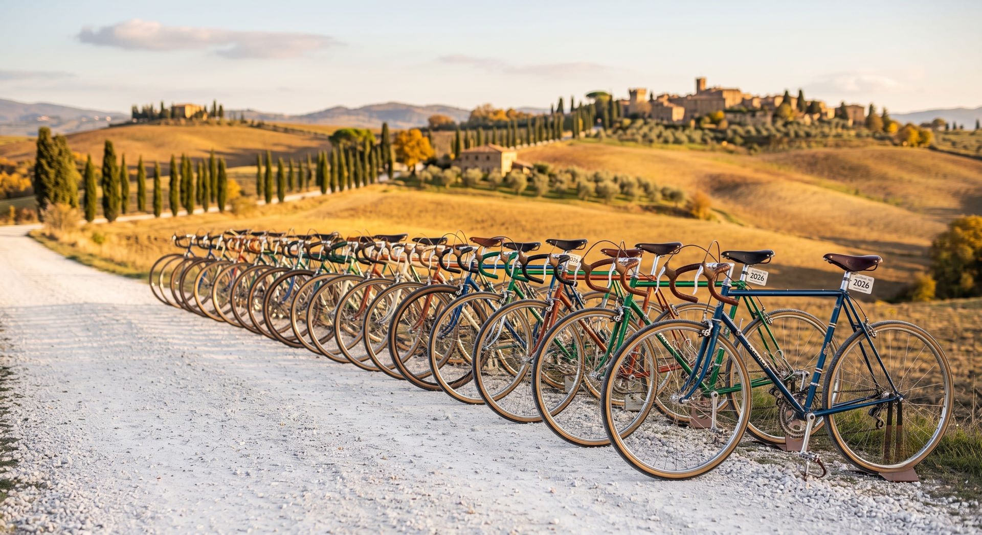 Row of vintage steel-frame bicycles lined up on Chianti's white gravel roads for L'Eroica