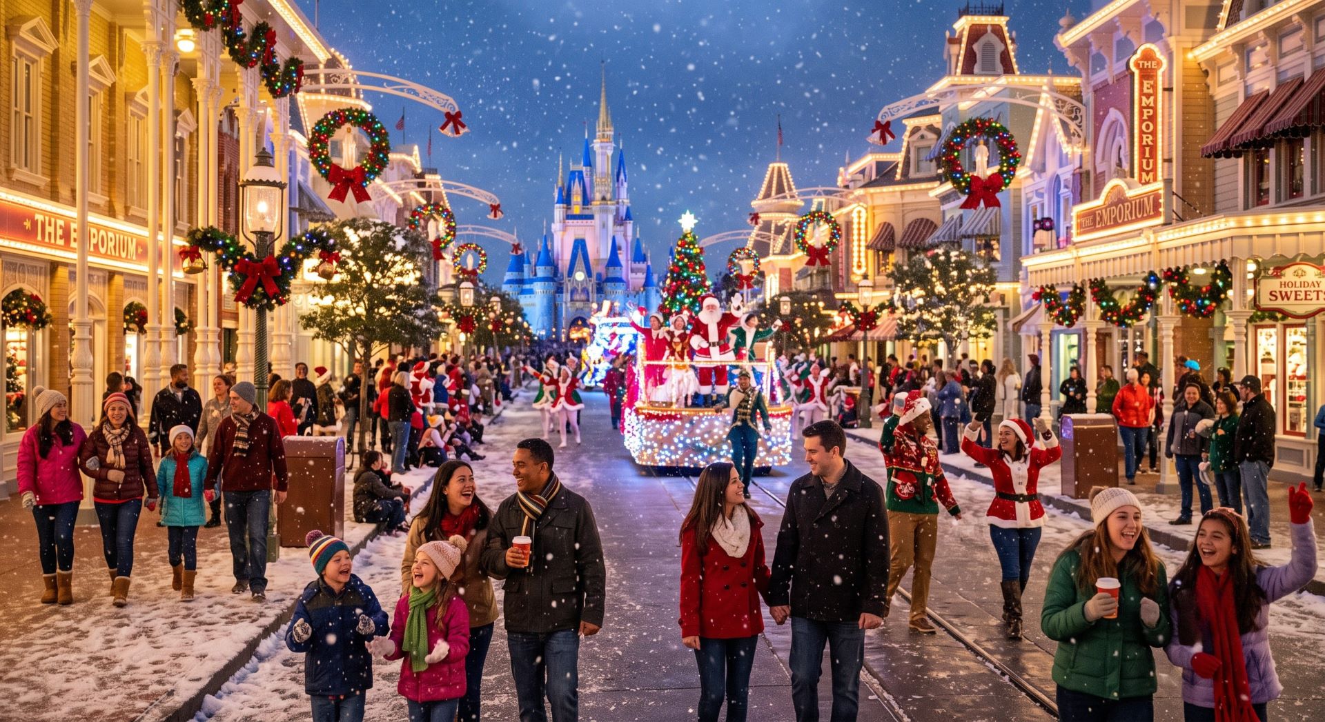Artificial snow falls on Main Street U.S.A. during Mickey's Very Merry Christmas Party at Magic Kingdom.