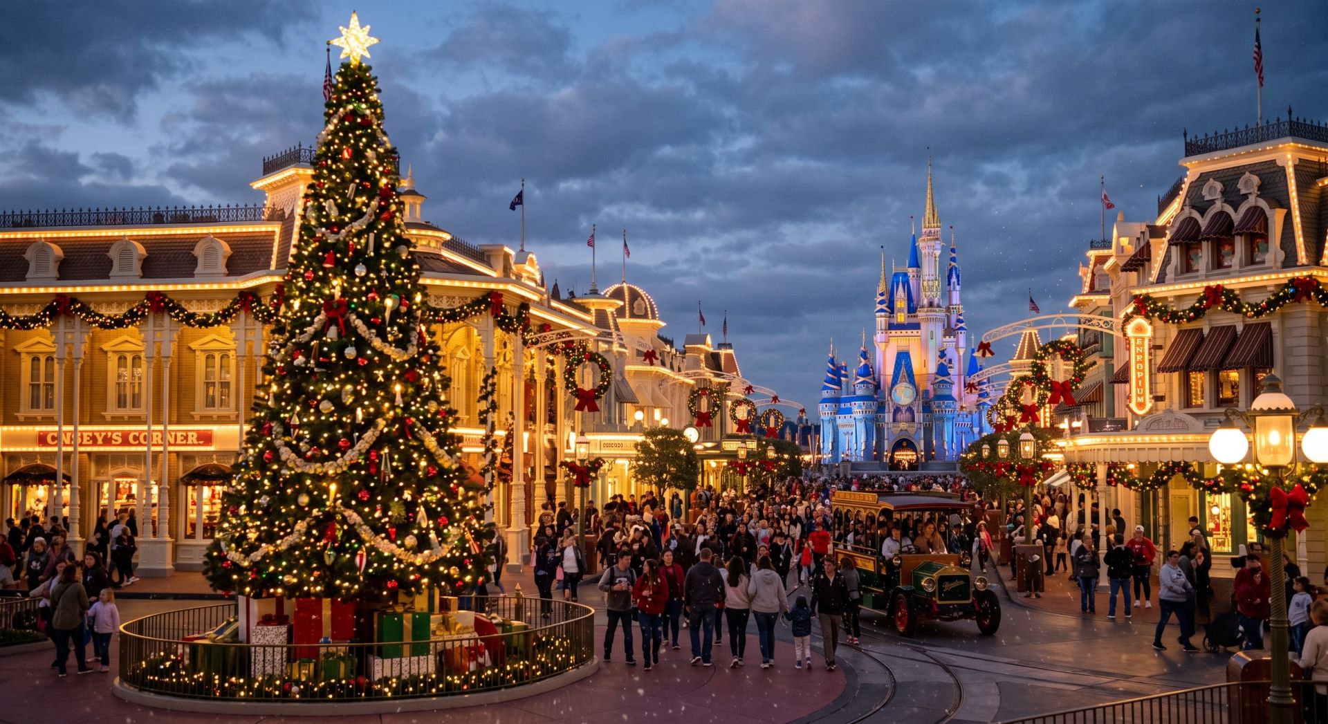 Main Street U.S.A. at Magic Kingdom in Orlando decorated for Christmas, with Cinderella Castle lit in the background.
