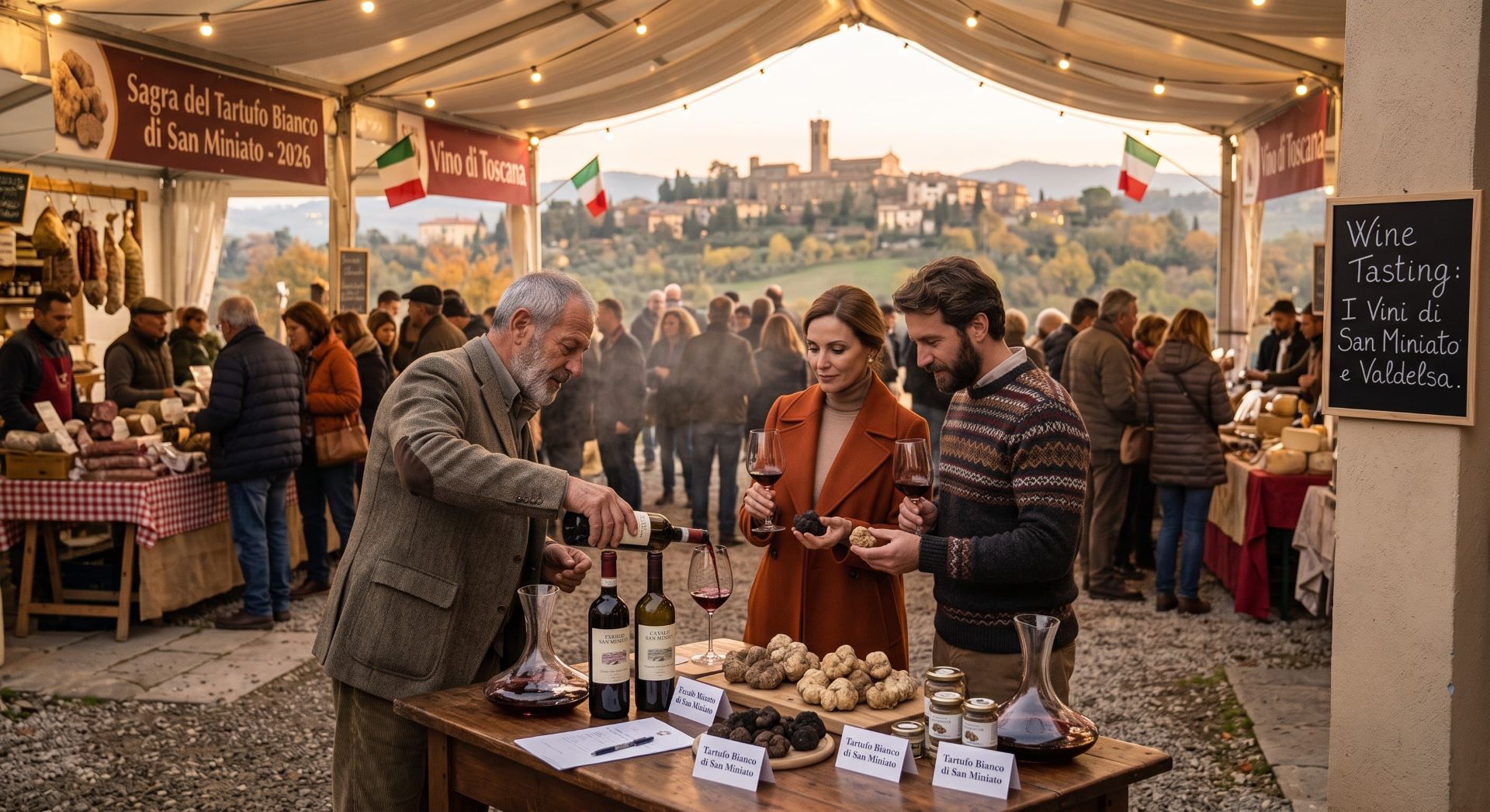 Visitors tasting wine and white truffle at San Miniato's truffle market, Tuscany