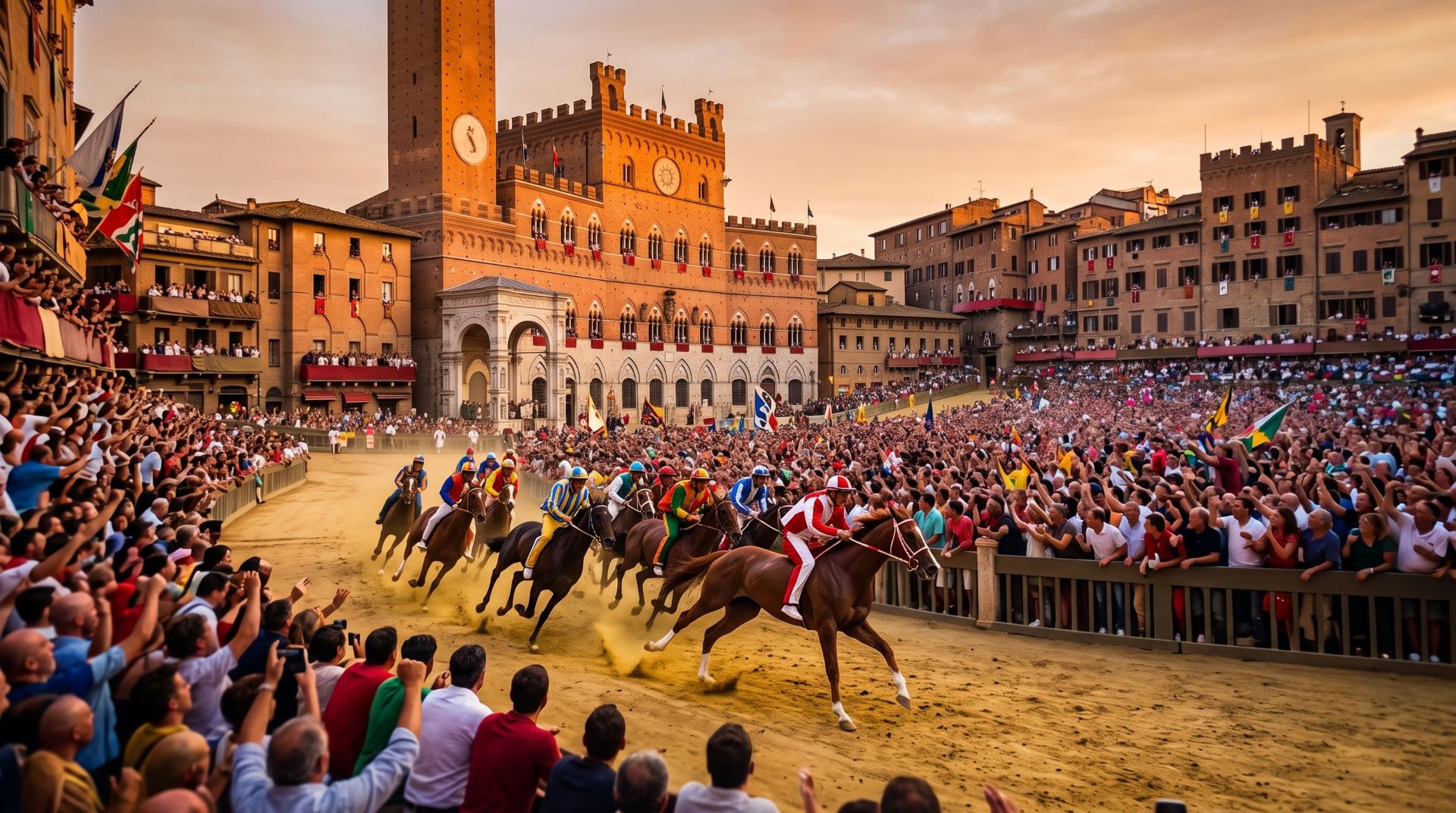 Horses racing bareback around Piazza del Campo during the Siena Palio