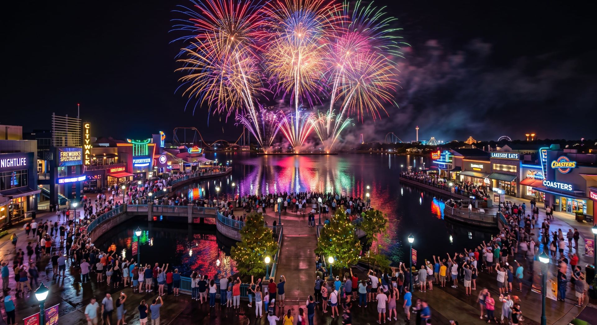 Midnight fireworks over Universal CityWalk during New Year's Eve celebrations at Universal Orlando Resort.