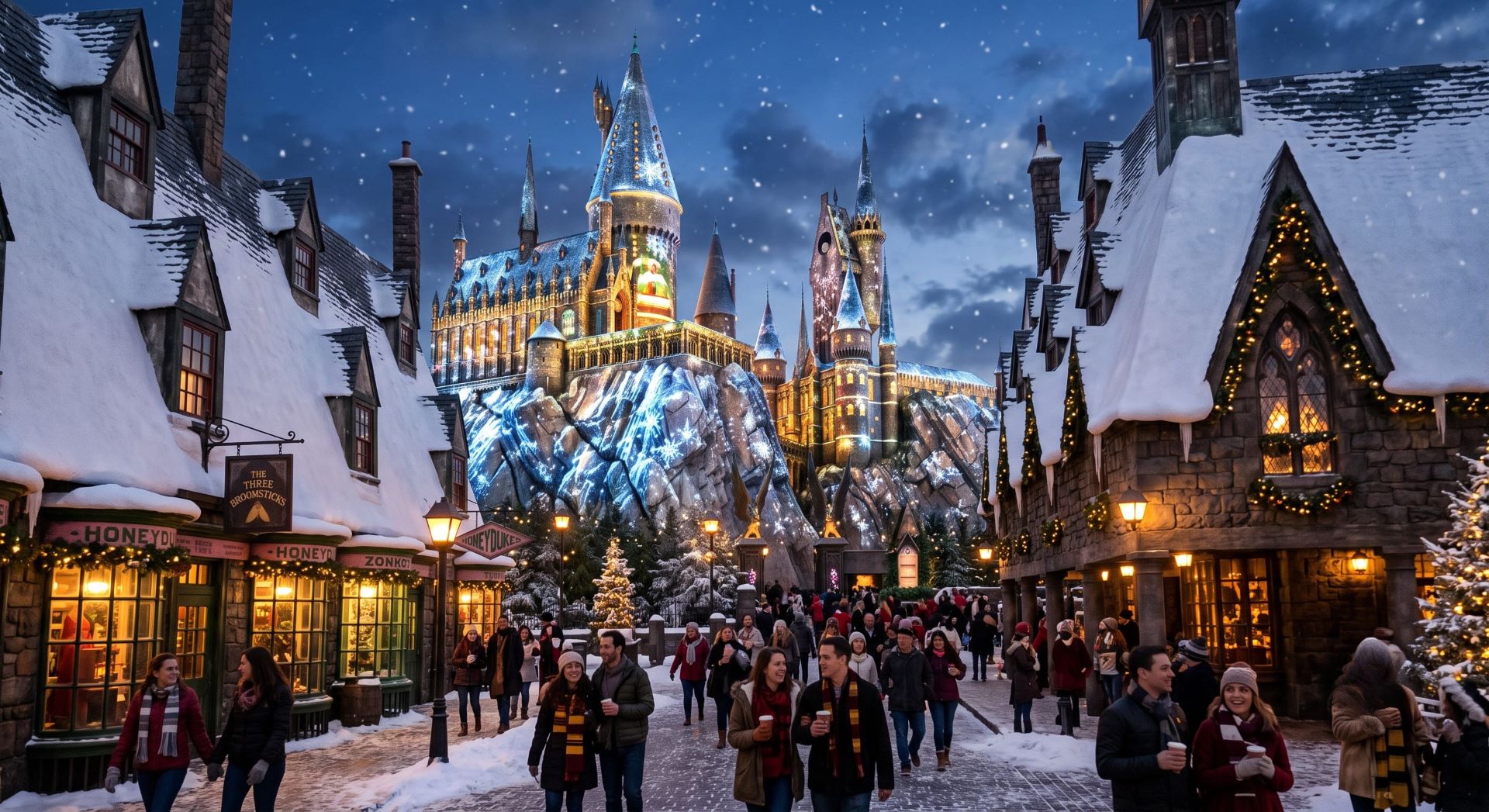 Hogwarts Castle illuminated with festive holiday projection in Hogsmeade at Islands of Adventure