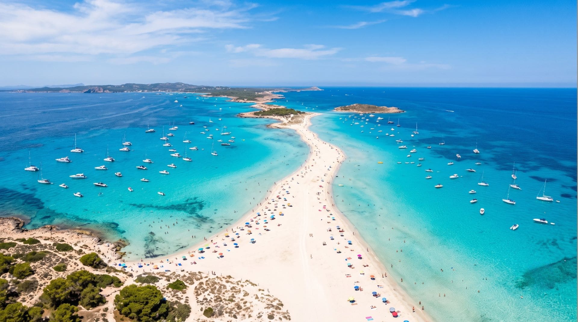 Aerial view of Ses Illetes beach in Formentera, a narrow sand spit surrounded by turquoise water