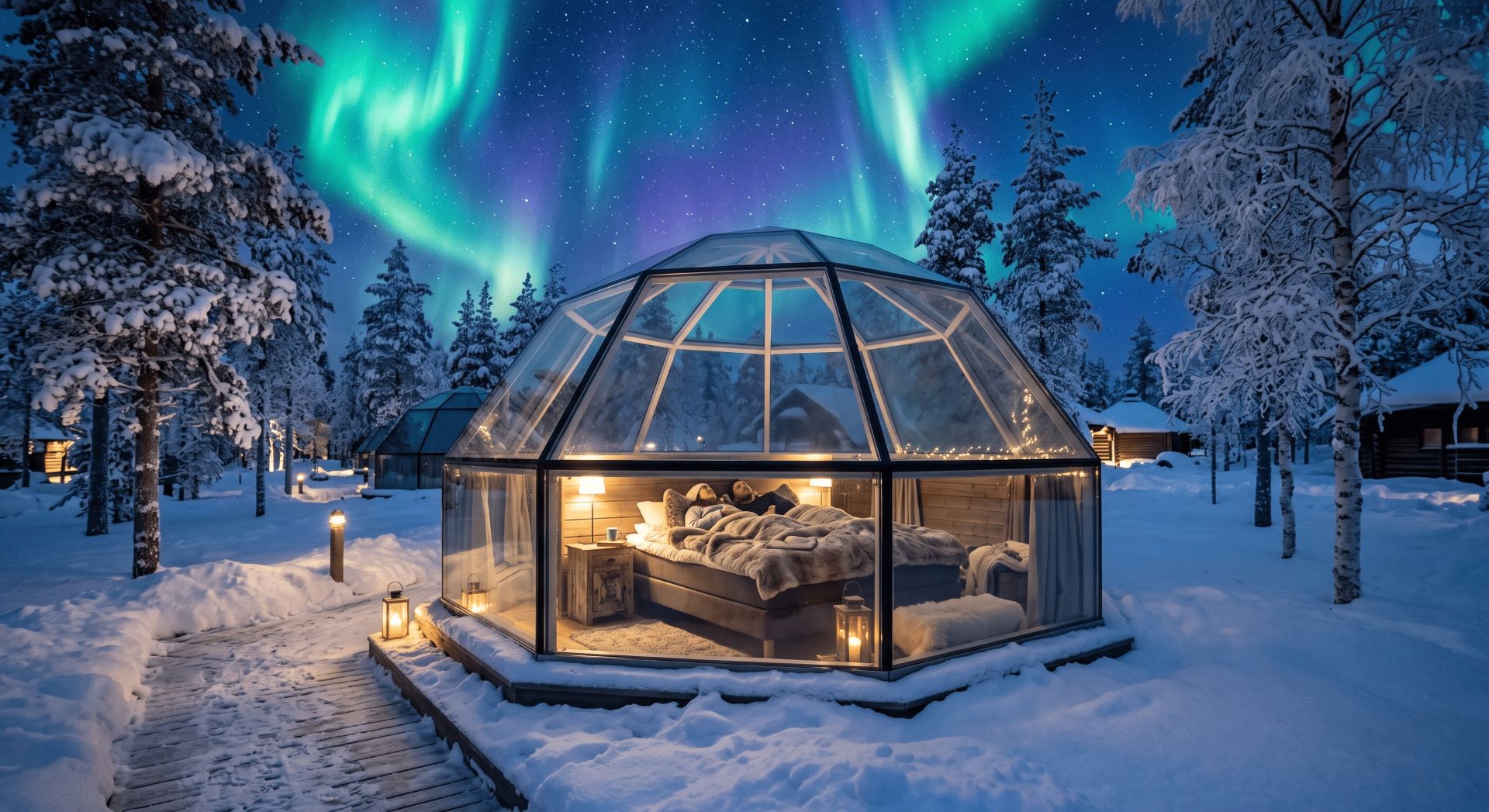 Couple in glass igloo watching northern lights above Lapland