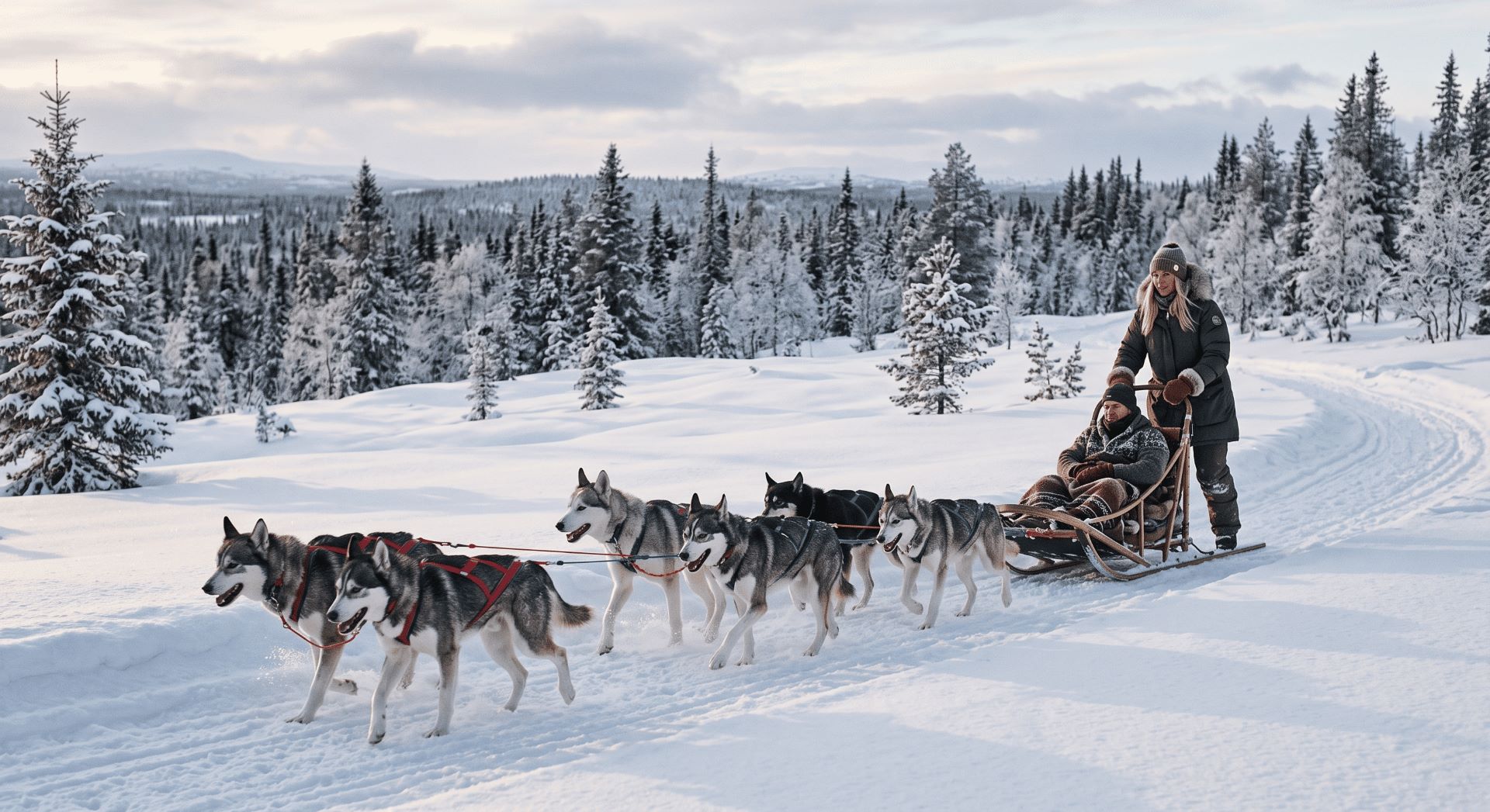 Husky sled team pulling riders through snowy Lapland forest