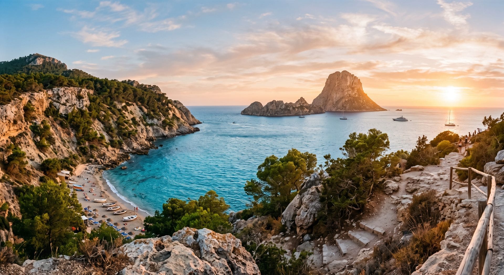 Sunset view over Cala d'Hort beach and the Es Vedrà rock formation in Ibiza, Spain
