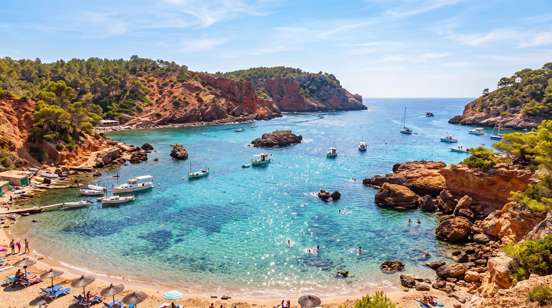 Boats anchored in the calm turquoise waters of Cala Xarraca on Ibiza's north coast