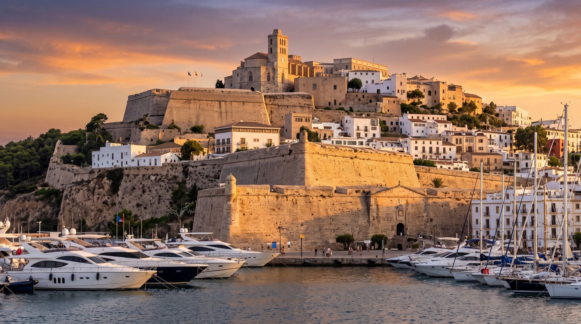 Dalt Vila's fortified old town and cathedral overlooking Ibiza's marina at sunset