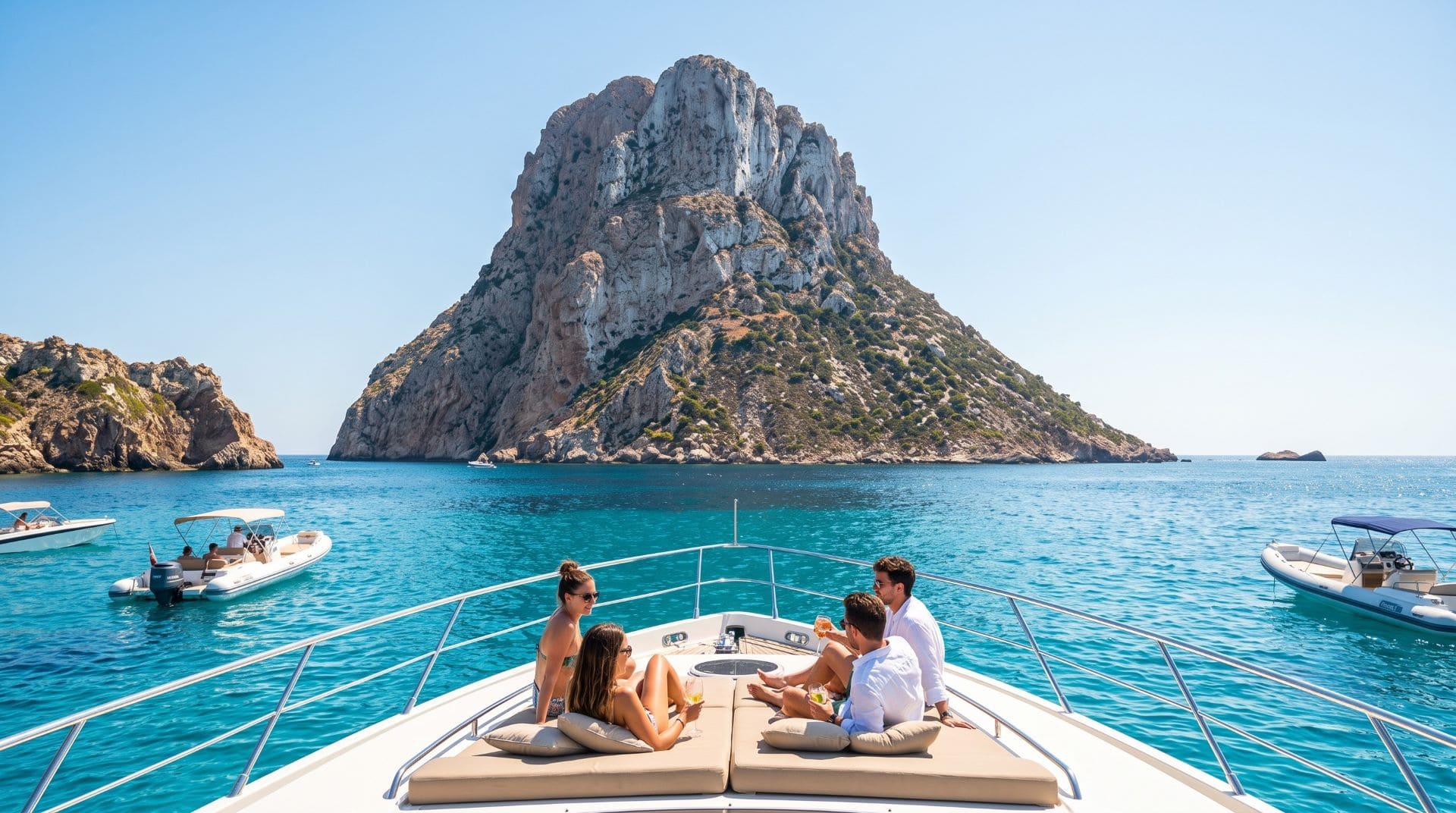 Guests relaxing on a private boat deck with the Es Vedrà rock formation in the background, Ibiza