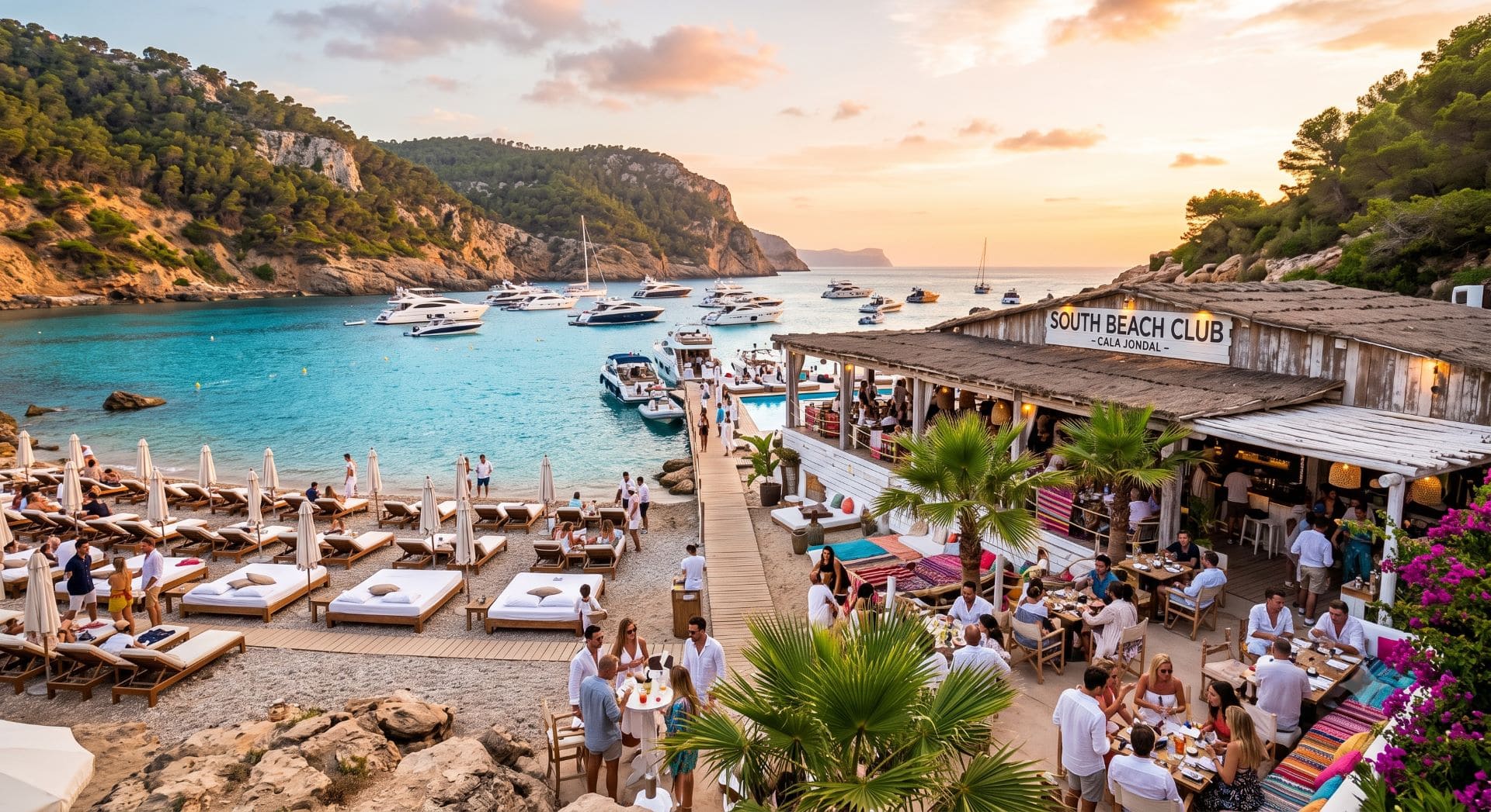 South Beach Club sunbeds and bar overlooking the turquoise cove at Cala Xinxo, Ibiza