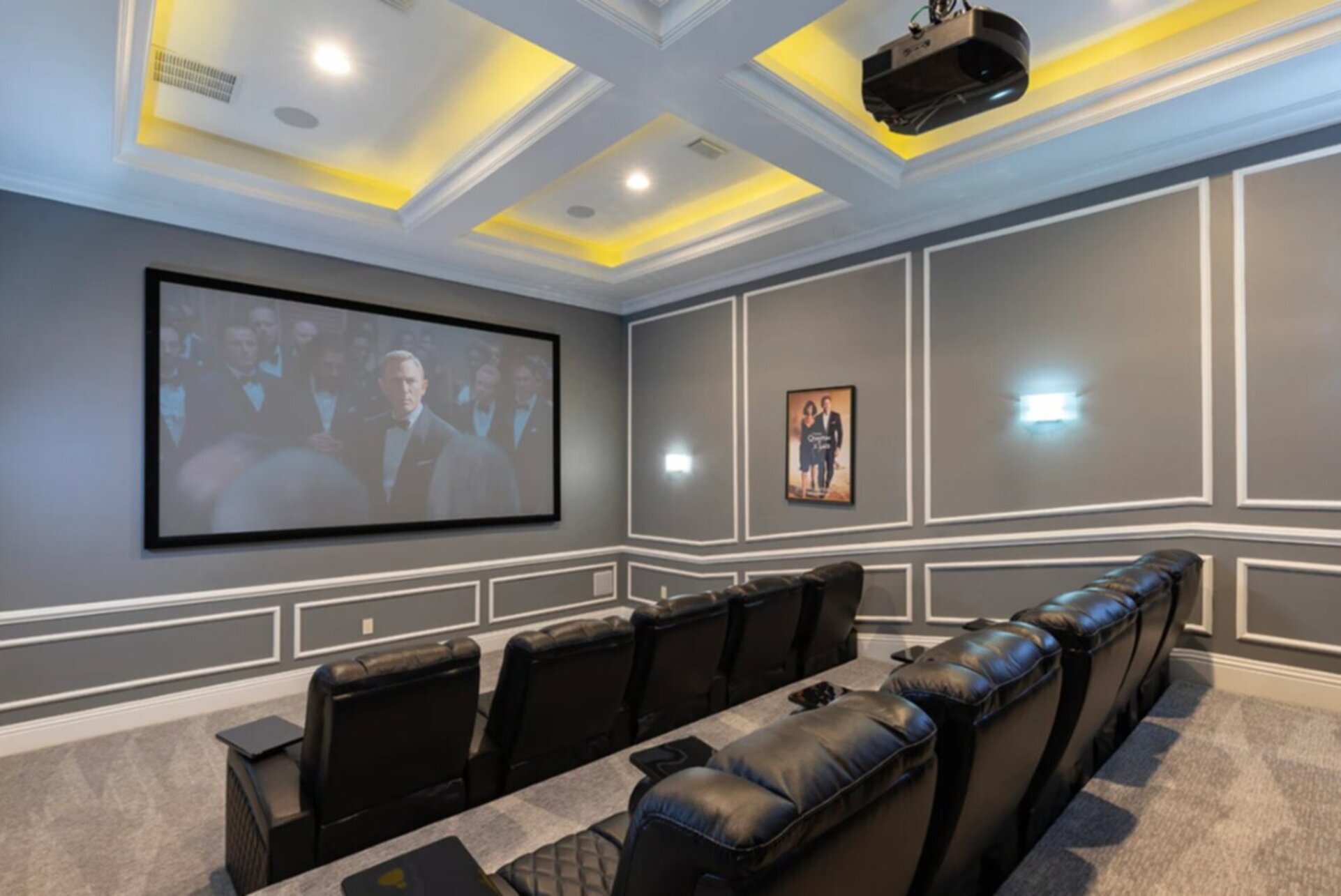 Private home theater with tiered leather seating in an Orlando mansion rental.