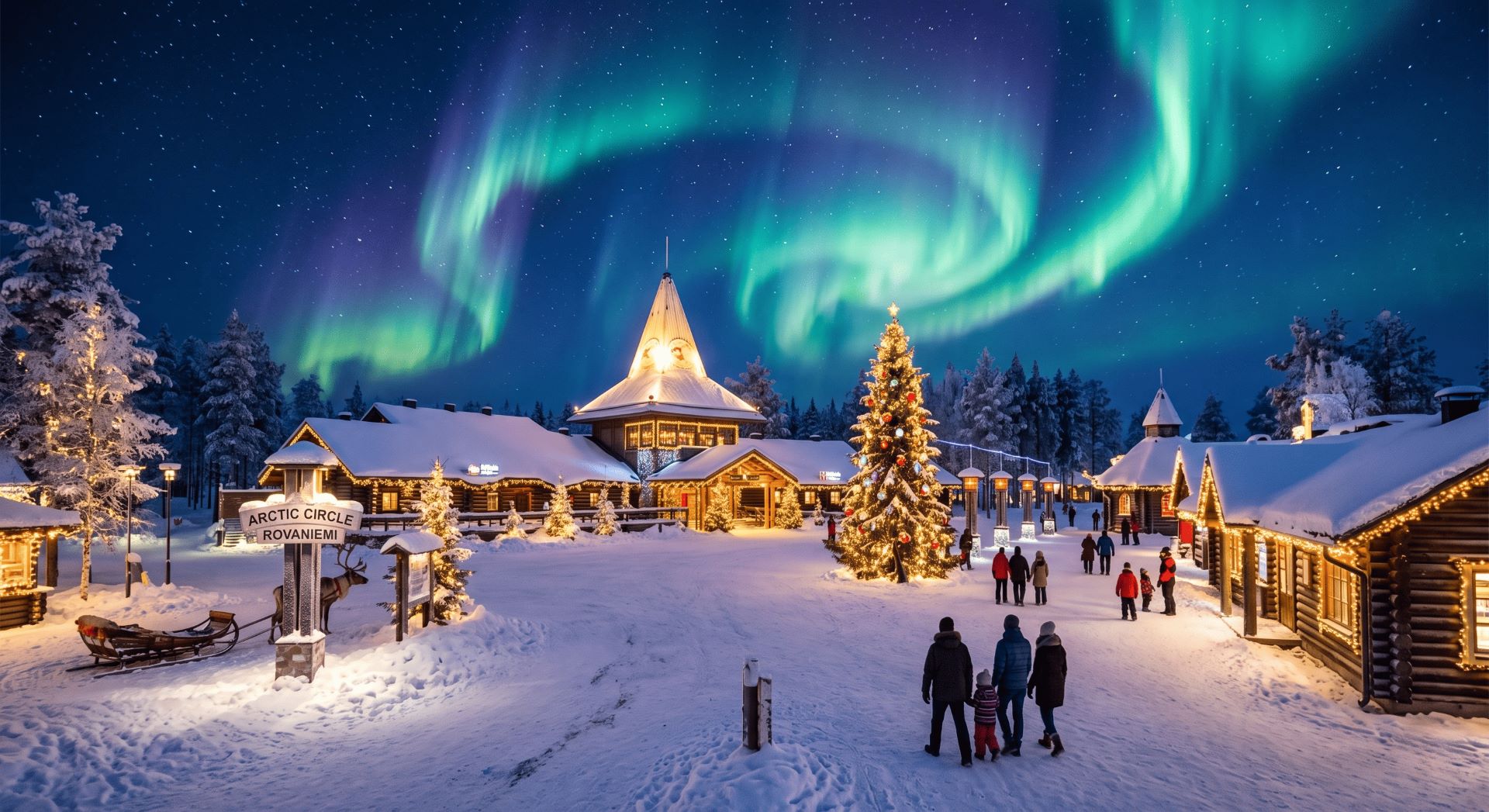 Santa Claus Village in Rovaniemi lit up at dusk under aurora